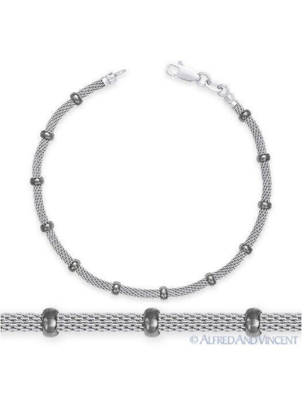 Bead & Mesh Chain Bracelet in .925 Sterling Silver w/ Black Rhodium - 7.5"